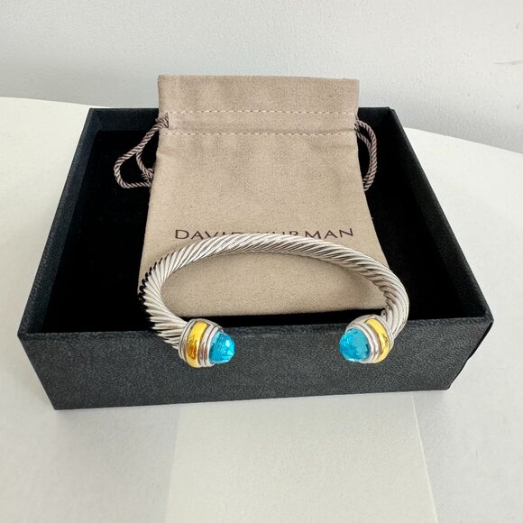 David Yurman Sterling Silver 7mm Blue Topaz and 14K Gold Cable Cuff Bracelet - Picture 1 of 5
